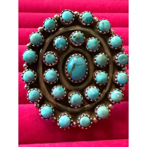 Zuni Sterling Silver Turquoise Snake Eye Petite Point  Statement Ring Size 9 - Picture 1 of 9